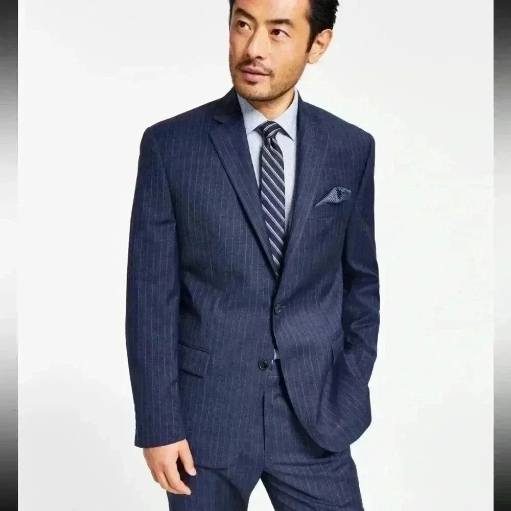 Lauren Ralph Lauren Ultraflex Classic-Fit Wool Blazer Men‎ 44R Navy Blue Striped